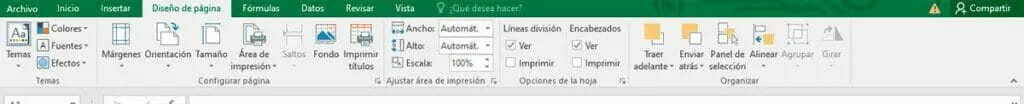 diseño de pagina de la cinta de opciones de Excel