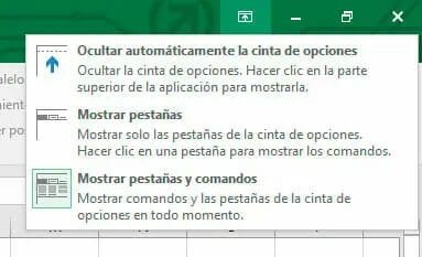 Mostrar pestañas para ocultarla la cinta de opciones en Excel