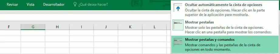 Mostrar pestañas y comandos para mostrar la cinta de opciones