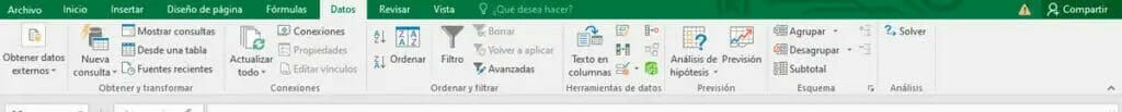 Pestaña de datos en la cinta de opciones de Excel