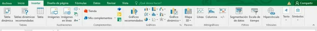 Pestaña insertar de la cinta de opciones de Excel