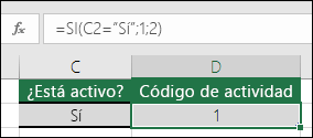 La celda D2 contiene la fórmula =SI(C2="SÍ";1;2)